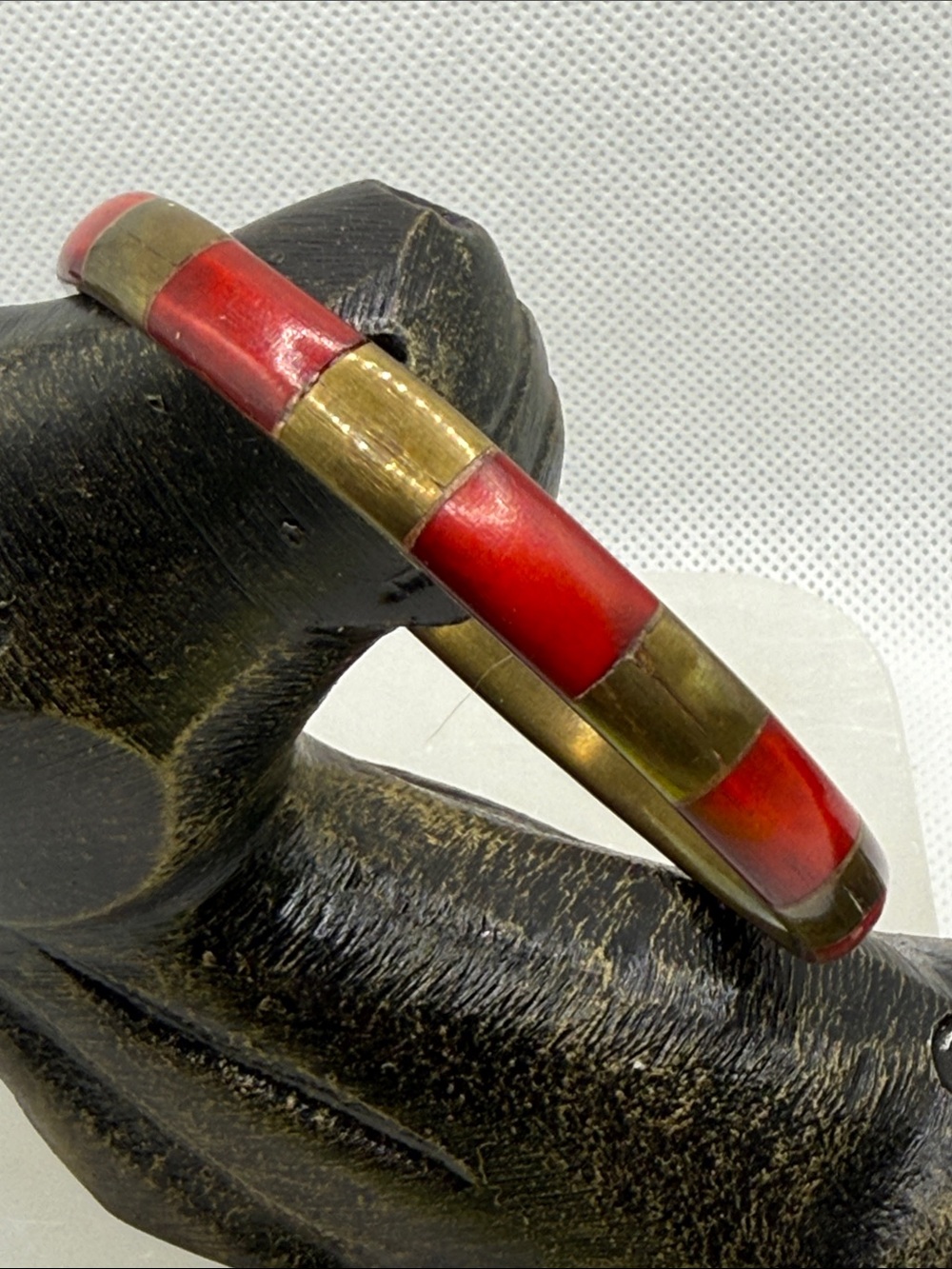 Distressed vintage Red Brass Inlay Bangle Bracelet